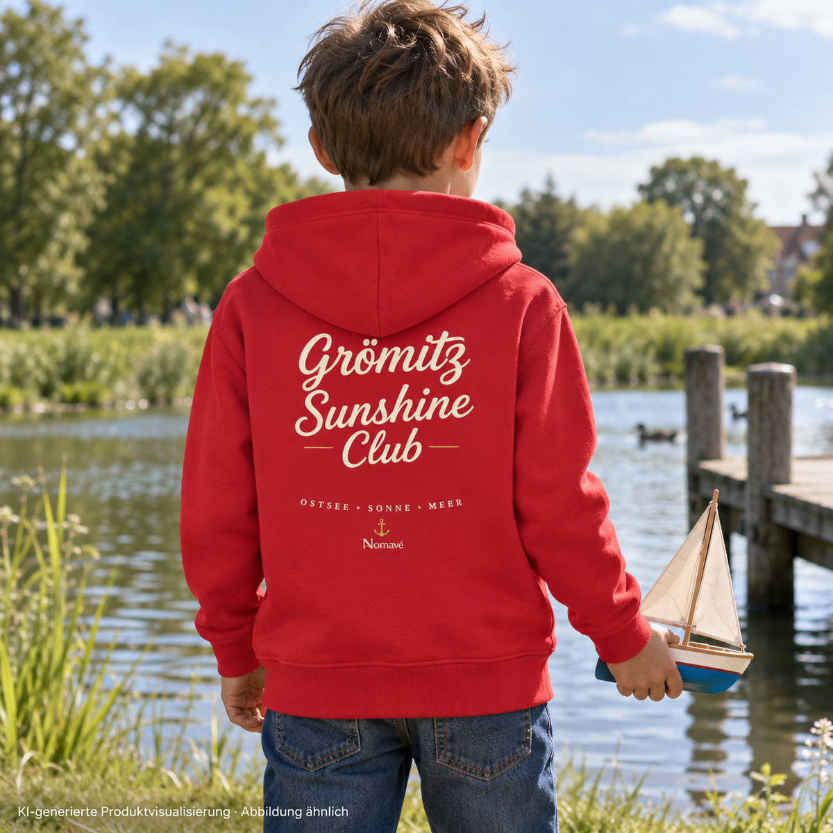 Junge mit Spielzeugsegelboot am Teich im Grömitz Sunshine Club Kinder Bio-Hoodie in Red, Rückendruck – KI-Produktvisualisierung