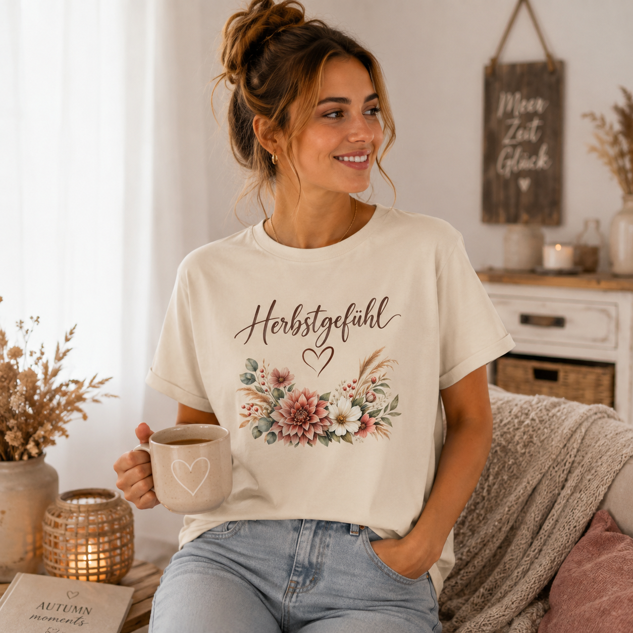 Frau trägt Nomavé Herbstgefühl Organic Shirt mit floralem Aquarellmotiv in gemütlicher herbstlicher Umgebung