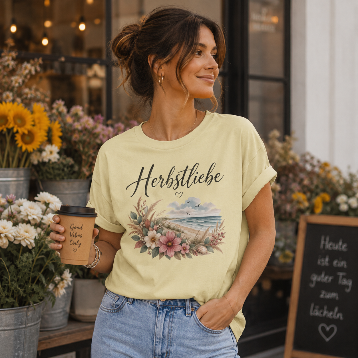 Junge Frau trägt Nomavé Damen Bio T-Shirt Herbstliebe am Meer in Butter mit floralem Küstenmotiv