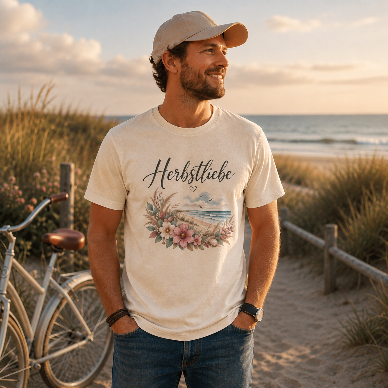 Mann trägt Nomavé Unisex Organic Shirt Herbstliebe am Meer mit floralem Küstenmotiv am Strand
