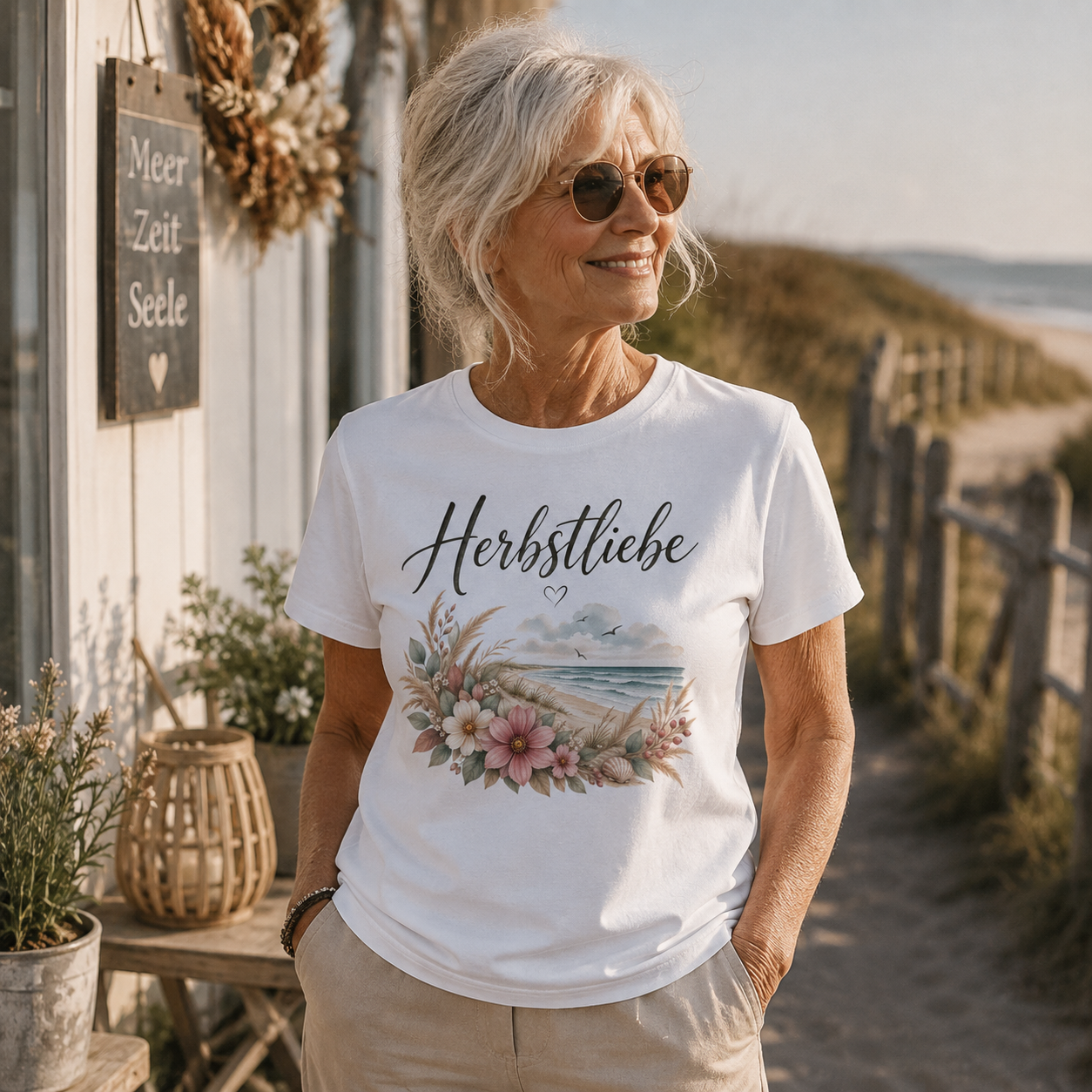 Frau über 60 trägt weißes Nomavé Unisex Shirt Herbstliebe am Meer mit floralem Küstenmotiv am Strand