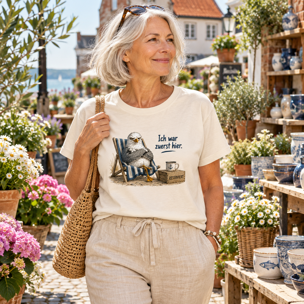 Frau im naturfarbenen Damen Bio T-Shirt mit Möwe und „Ich war zuerst hier.“ vor einem Küstenblumenladen