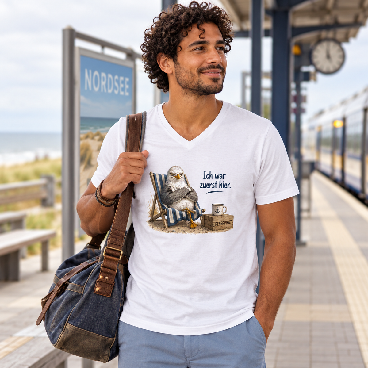 Mann im weißen Herren Bio V-Neck mit Möwen-Frontprint am Küstenbahnhof