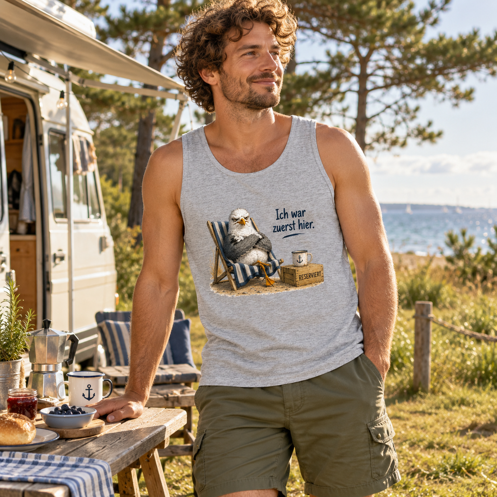 Mann im heather-grauen Bio Tank Top mit Möwe Alpha und Frontprint „Ich war zuerst hier.“ am Küstencamper