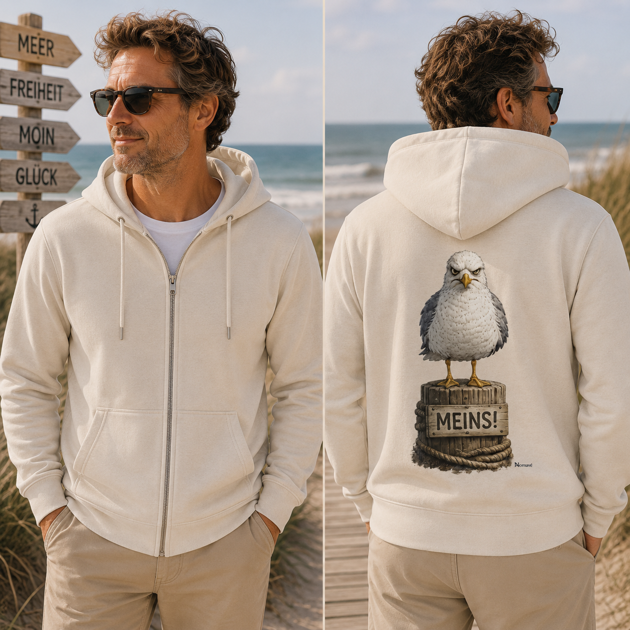 Lifestyle-Aufnahme einer cremefarbenen Nomavé Kapuzenjacke mit Reißverschluss. Die Vorderseite ist bewusst unbedruckt, während die Rückseite das Möwenmotiv „MEINS!“ zeigt. Präsentiert in einer geteilten Front- und Rückenansicht an einem Ostseestrand mit Dünen und maritimer Atmosphäre.