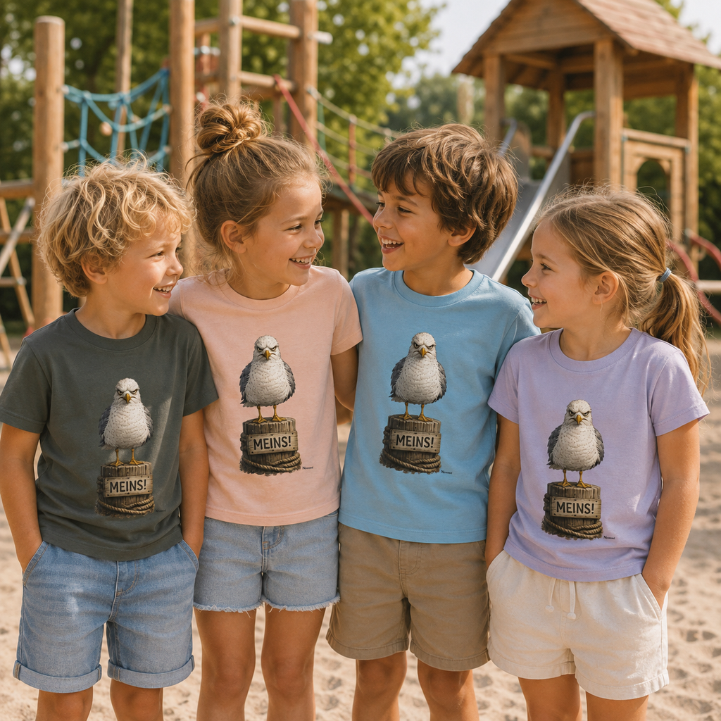 Vier fröhliche Kinder tragen die farbenfrohen Nomavé Kinder-T-Shirts mit dem frechen Möwenmotiv „MEINS!“ und spielen gemeinsam auf einem sonnigen Spielplatz. Maritimes Kinder-Shirt für Alltag, Urlaub, Strand und kleine Küstenfans.