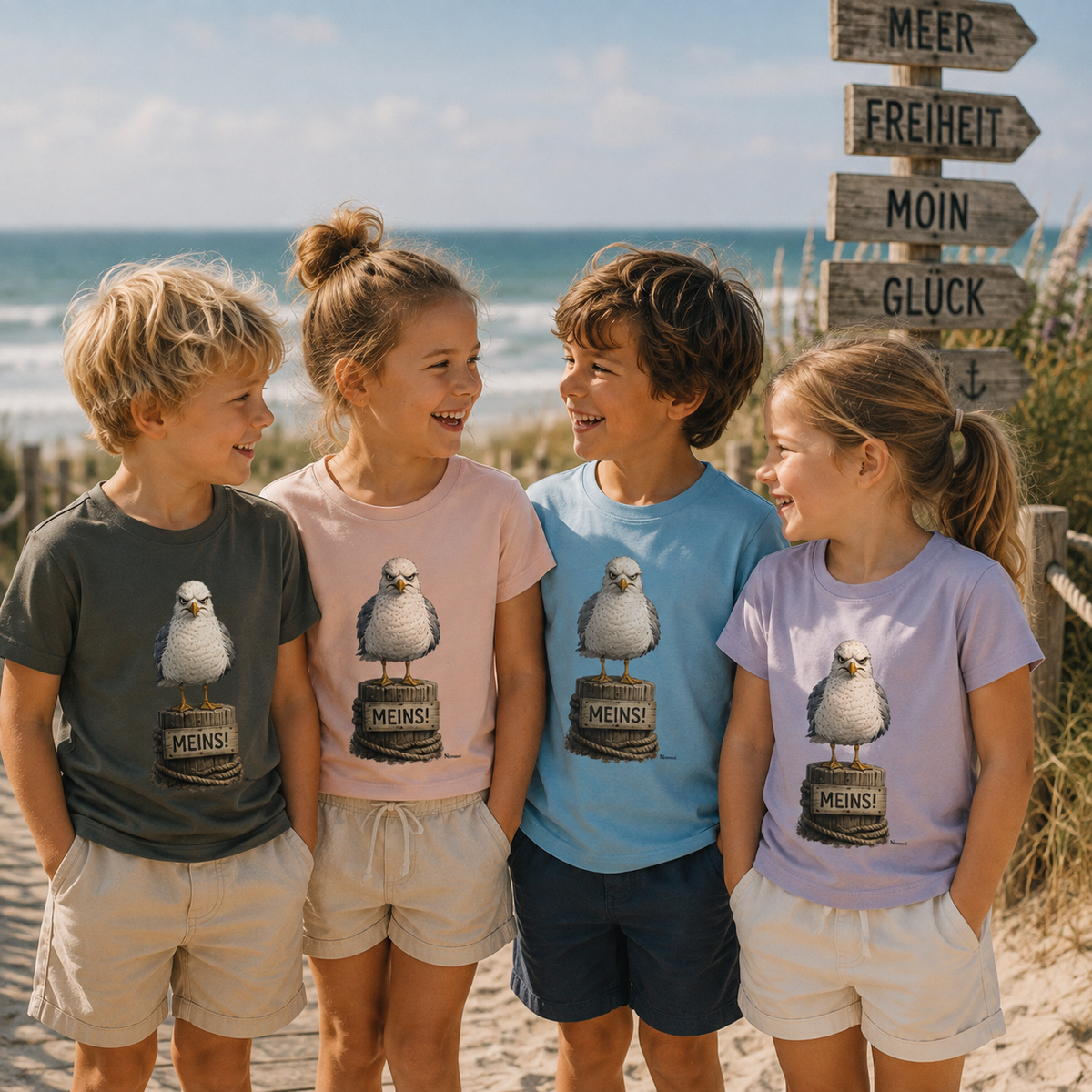 Vier fröhliche Kinder tragen die Nomavé Kinder-T-Shirts „MEINS!“ mit der frechen Möwe auf einem Holzpoller und spielen an einem sonnigen Ostseestrand zwischen Dünen und Meer. Perfektes maritimes Kinder-Shirt für Strand, Urlaub und Küstenfans.