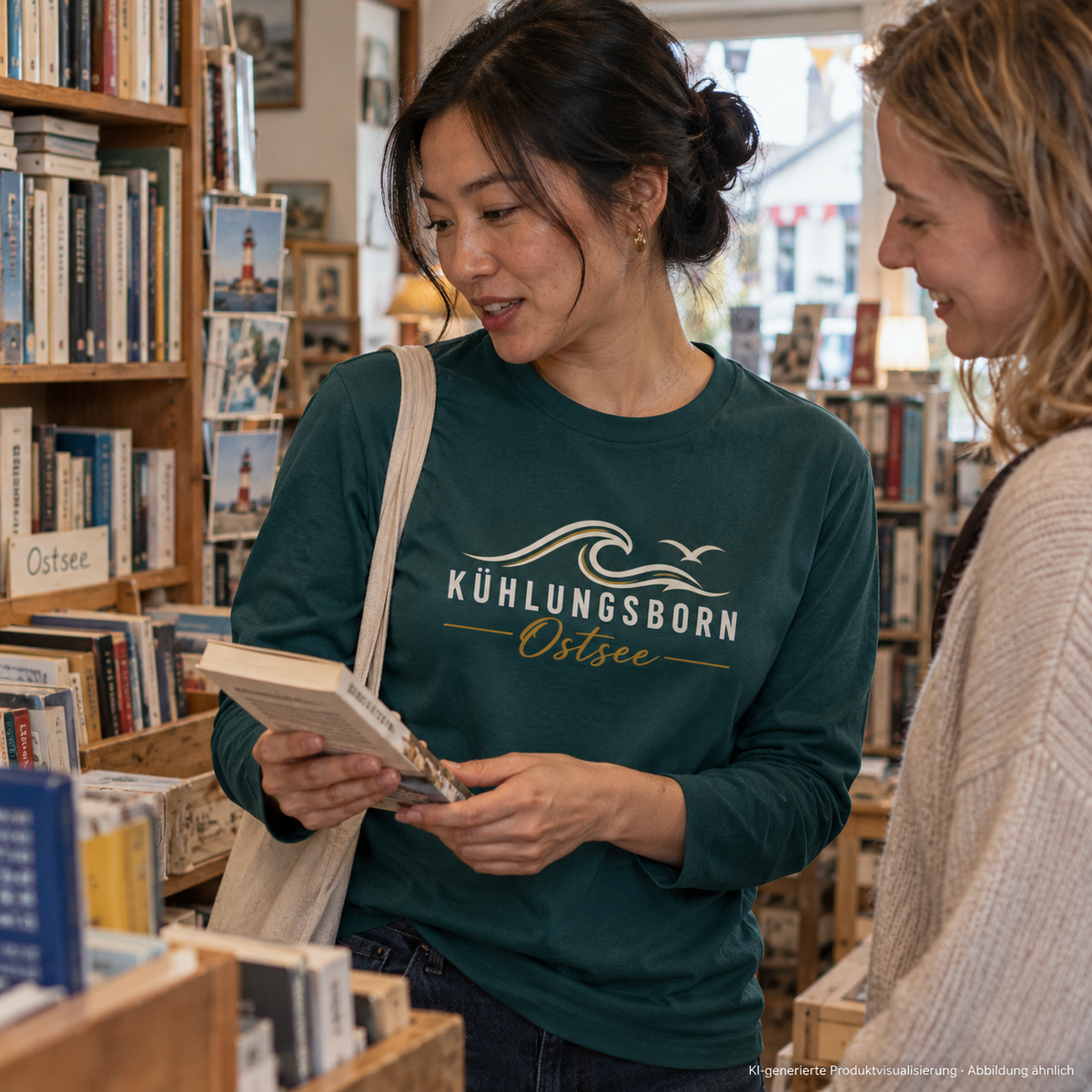 Kühlungsborn Baltic Waves – Bio-Unisex-Longsleeve, Dark Edition, Glazed Green – beim Stöbern in einer Buchhandlung, Frontdruck; KI-generierte Produktvisualisierung.