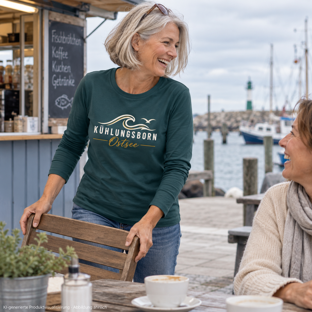 Kühlungsborn Baltic Waves – Bio-Unisex-Longsleeve, Dark Edition, Glazed Green – beim Platznehmen an einem Hafenkiosk, Frontdruck; KI-generierte Produktvisualisierung.