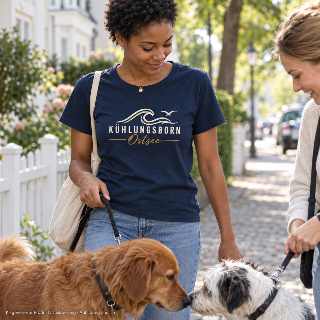 Kühlungsborn Baltic Waves – Damen Bio-T-Shirt, Dark Edition, French Navy – bei einer spontanen Begegnung während des Hundespaziergangs, Frontdruck; KI-generierte Produktvisualisierung.