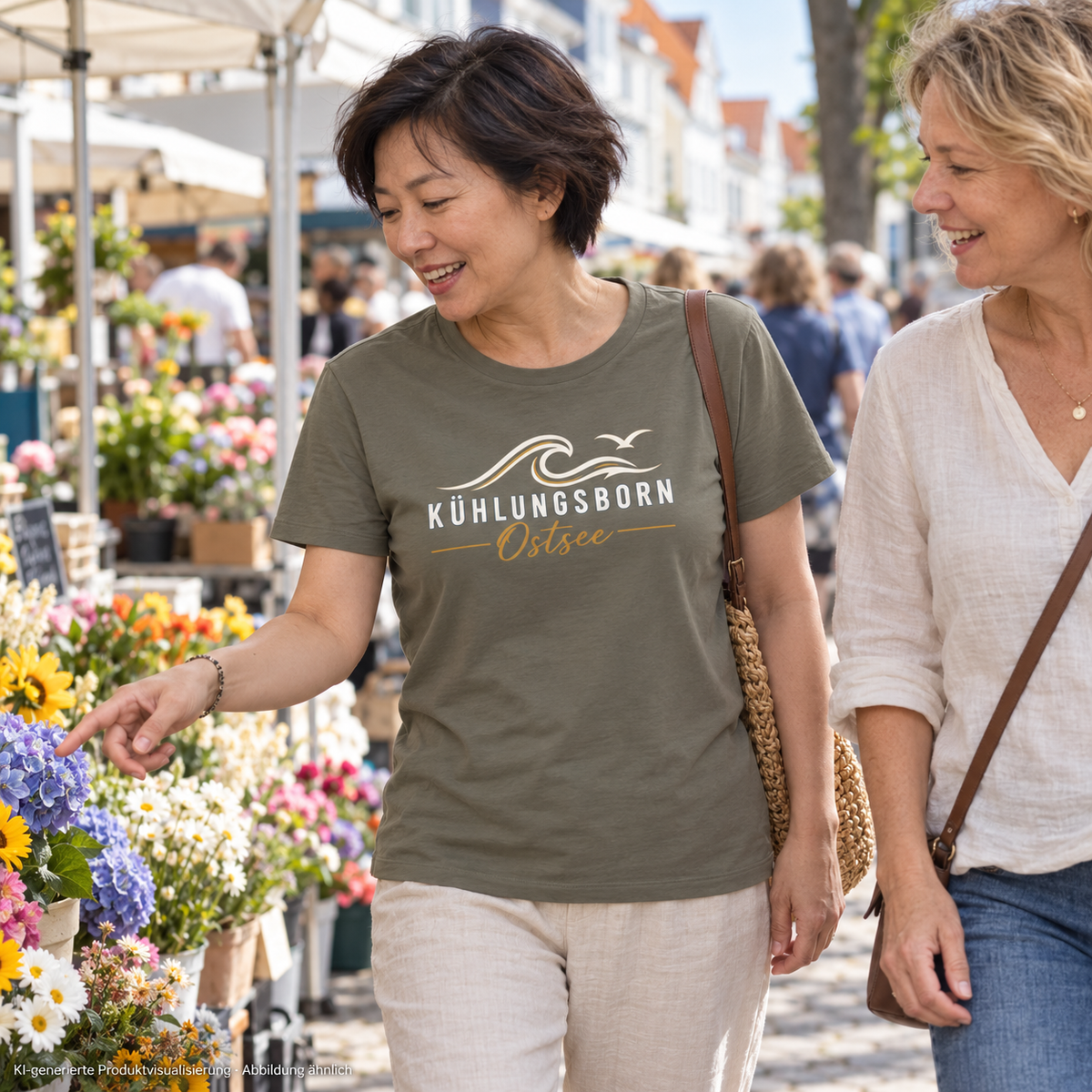 Kühlungsborn Baltic Waves – Damen Bio-T-Shirt, Dark Edition, Khaki – beim Bummel über einen Wochenmarkt, Frontdruck; KI-generierte Produktvisualisierung.