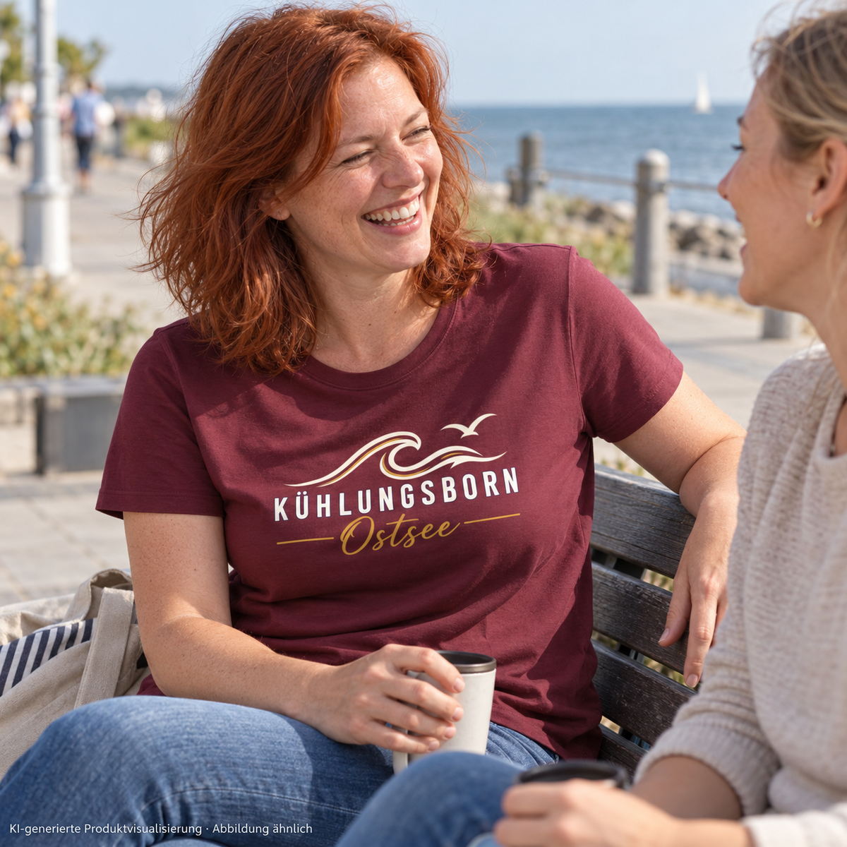 Kühlungsborn Baltic Waves – Damen Bio-T-Shirt, Dark Edition, Burgundy – im Gespräch auf einer Promenadenbank, Frontdruck; KI-generierte Produktvisualisierung.
