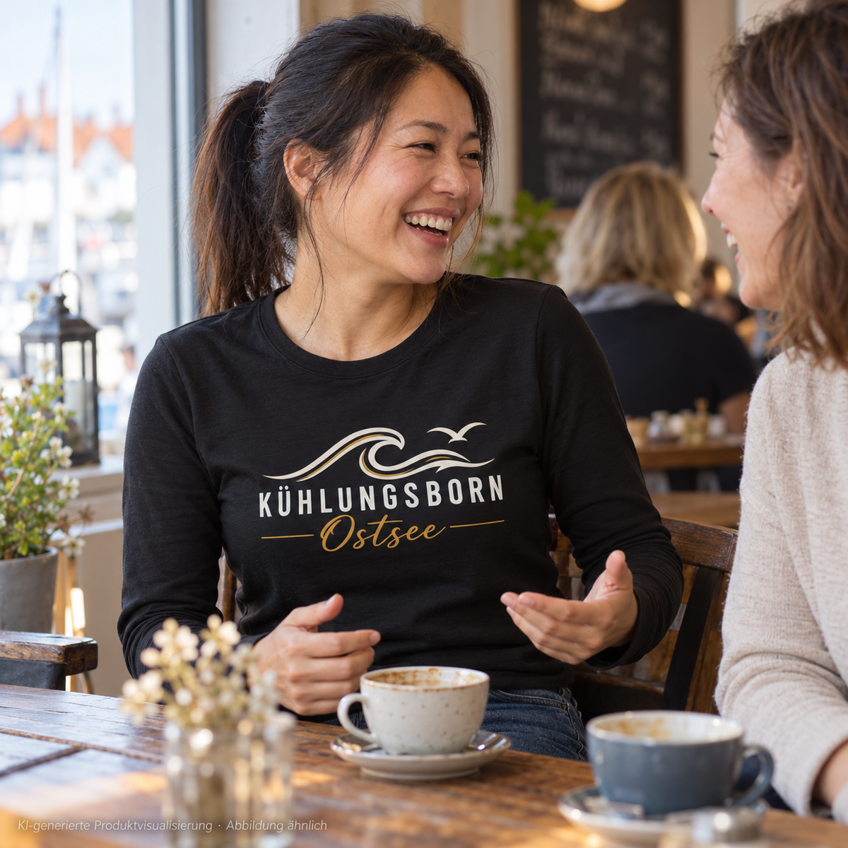 Kühlungsborn Baltic Waves – Damen Bio-Longsleeve, Dark Edition, Black – beim Erzählen in einem Café, Frontdruck; KI-generierte Produktvisualisierung.