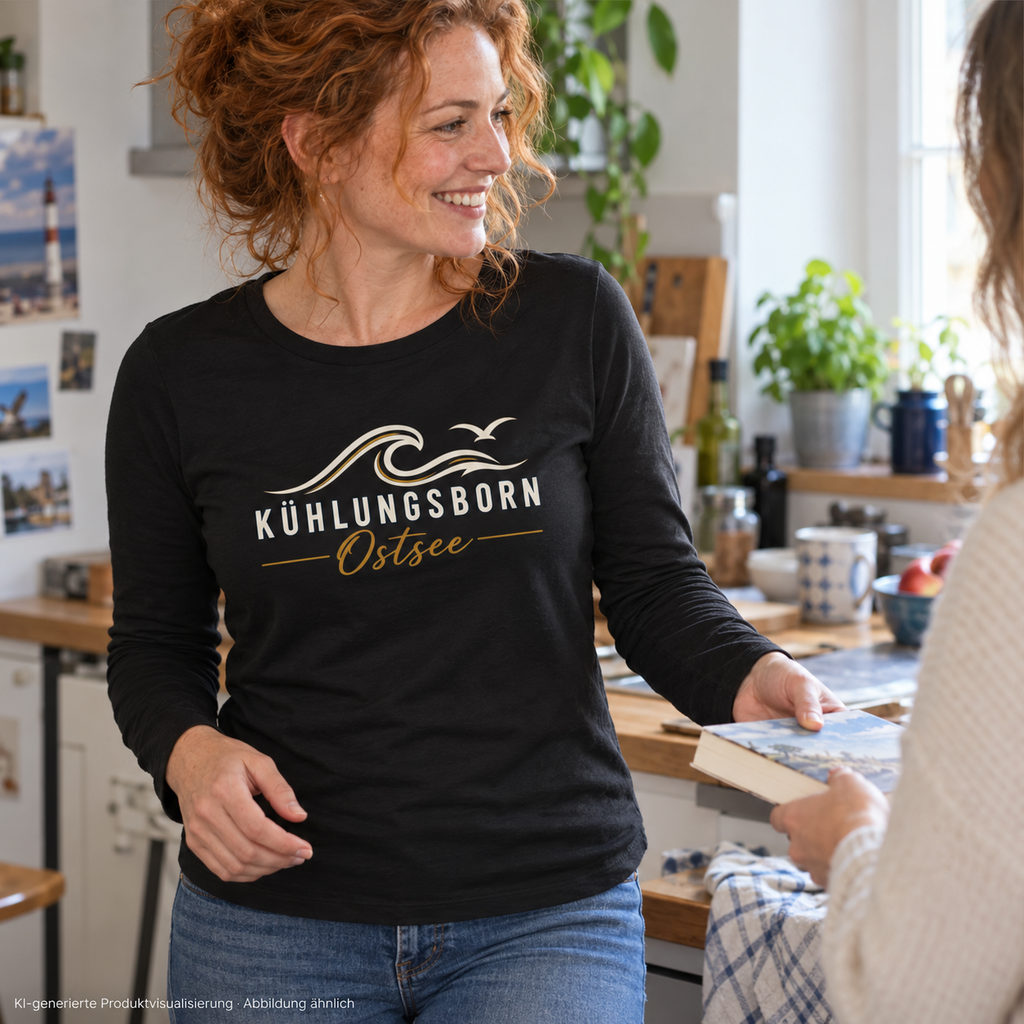 Kühlungsborn Baltic Waves – Damen Bio-Longsleeve, Dark Edition, Black – beim Büchertausch mit einer Freundin, Frontdruck; KI-generierte Produktvisualisierung.