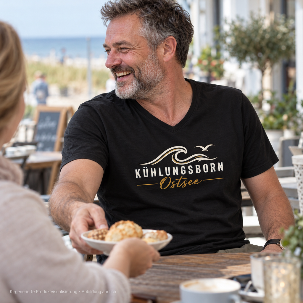 Kühlungsborn Baltic Waves – Herren Bio-V-Neck-Shirt, Dark Edition, Black – beim gemeinsamen Frühstück im Café, Frontdruck; KI-generierte Produktvisualisierung.