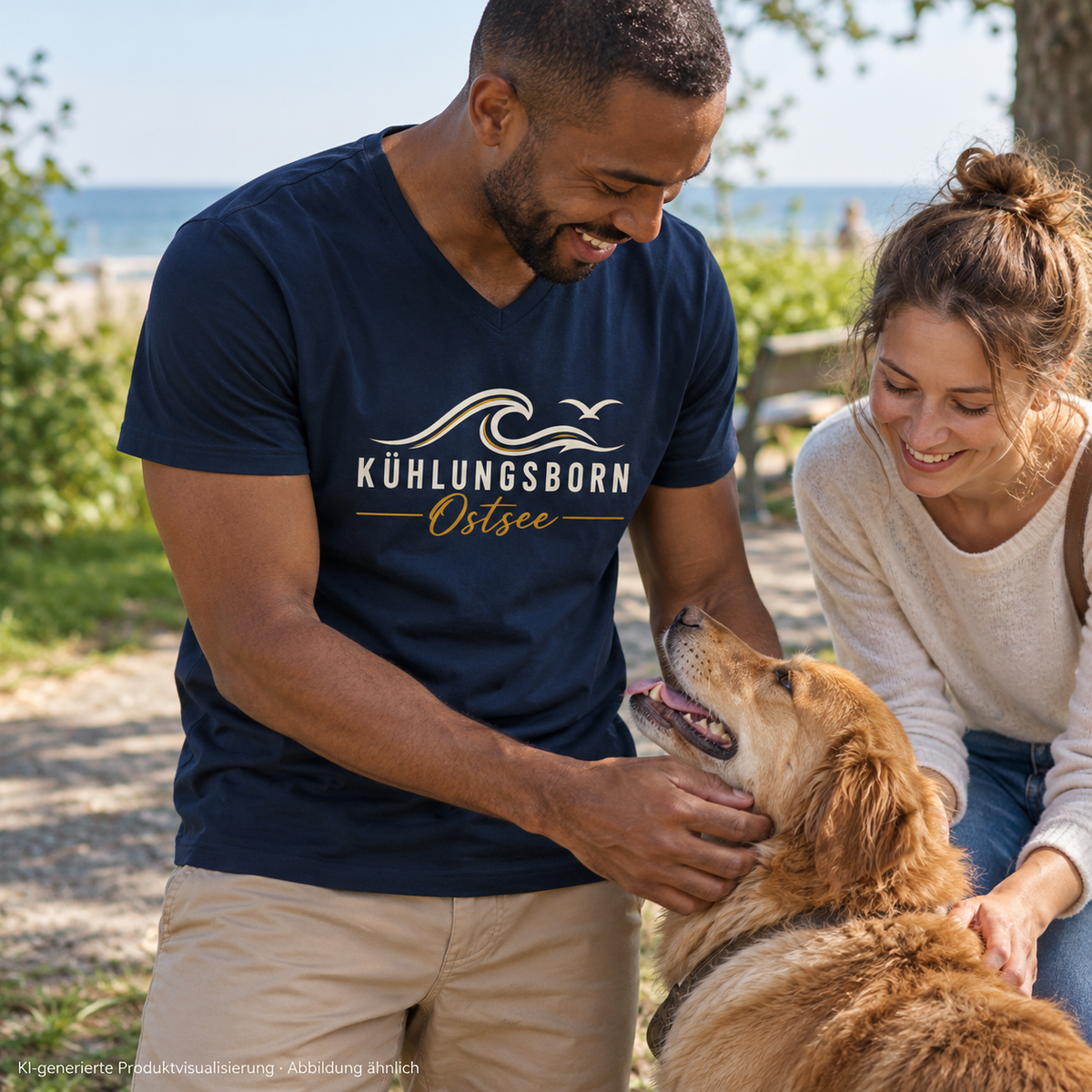Kühlungsborn Baltic Waves – Herren Bio-V-Neck-Shirt, Dark Edition, French Navy – beim Hundespaziergang im Park, Frontdruck; KI-generierte Produktvisualisierung.