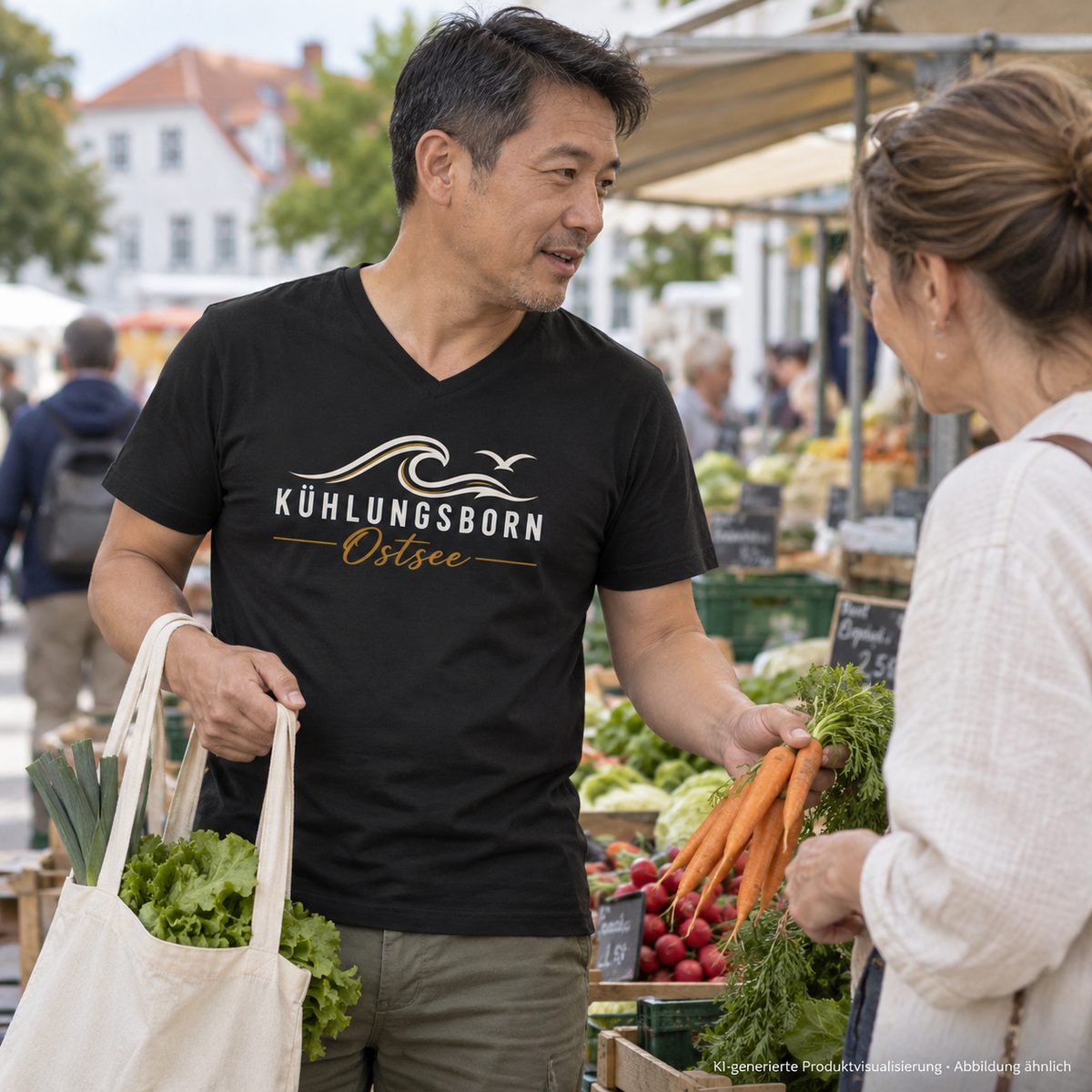 Kühlungsborn Baltic Waves – Herren Bio-V-Neck-Shirt, Dark Edition, Black – beim Einkauf auf einem Markt, Frontdruck; KI-generierte Produktvisualisierung.