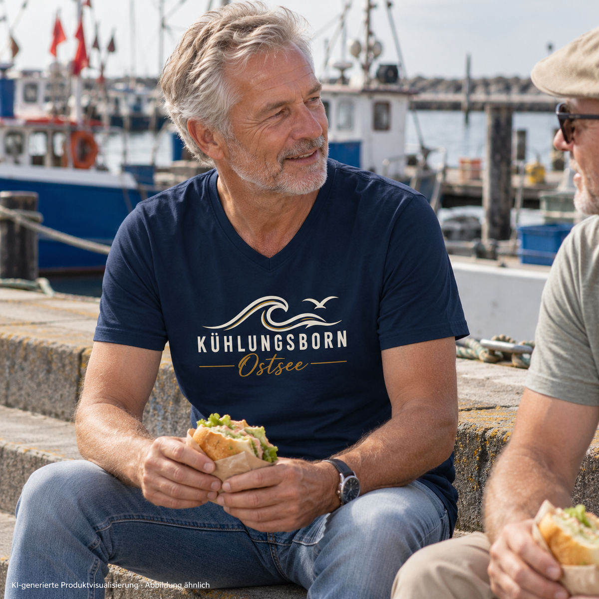 Kühlungsborn Baltic Waves – Herren Bio-V-Neck-Shirt, Dark Edition, French Navy – bei einer Pause auf Hafentreppen, Frontdruck; KI-generierte Produktvisualisierung.