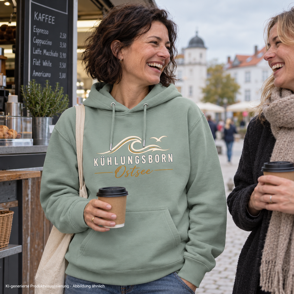 Kühlungsborn Baltic Waves – Bio-Hoodie, Dark Edition, Aloe – beim Warten am Kaffeekiosk mit einer Freundin, Frontdruck; KI-generierte Produktvisualisierung.