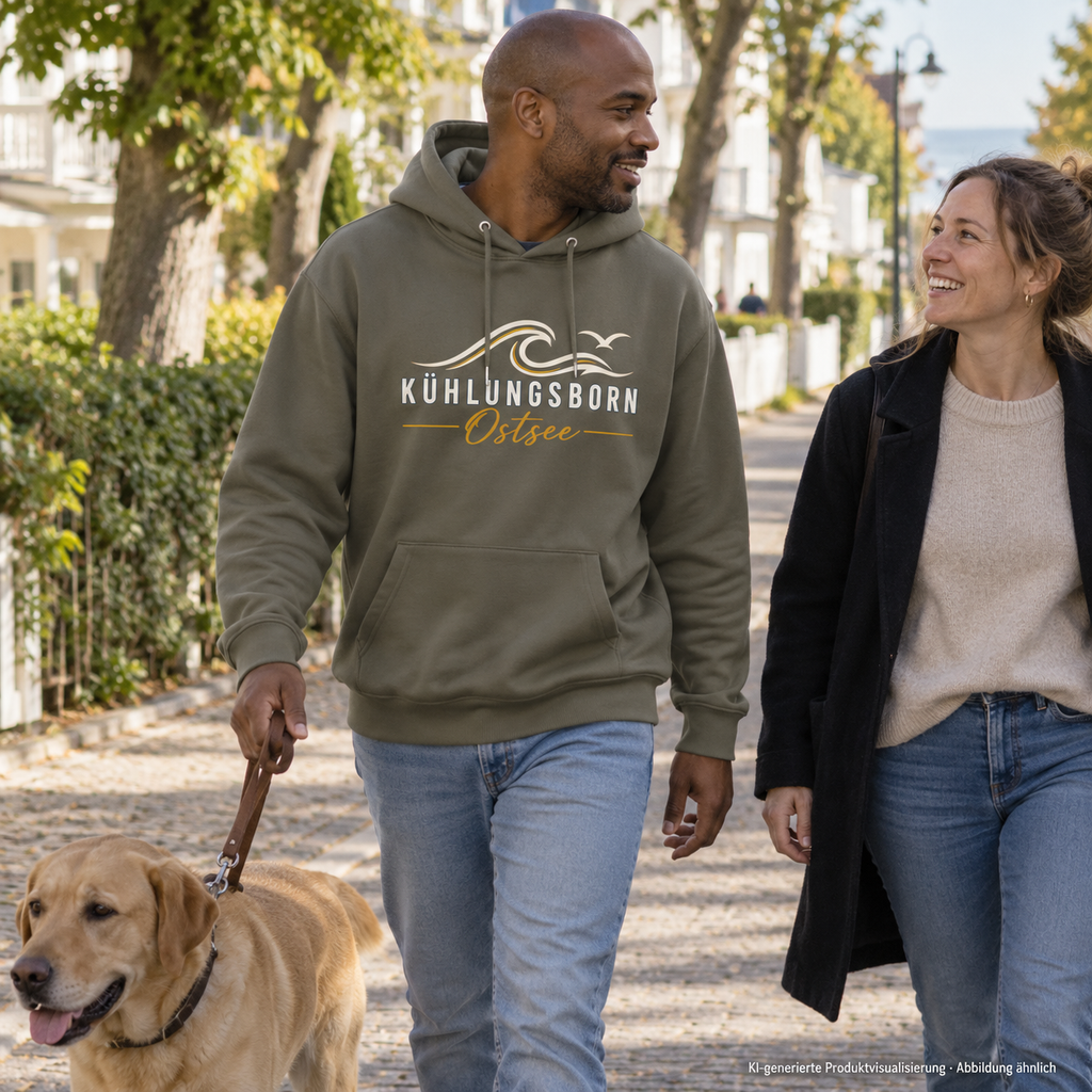 Kühlungsborn Baltic Waves – Bio-Hoodie, Dark Edition, Khaki – beim Hundespaziergang mit Partner, Frontdruck; KI-generierte Produktvisualisierung.