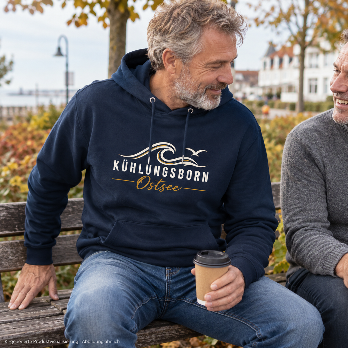 Kühlungsborn Baltic Waves – Bio-Hoodie, Dark Edition, French Navy – beim Platznehmen auf einer Parkbank, Frontdruck; KI-generierte Produktvisualisierung.