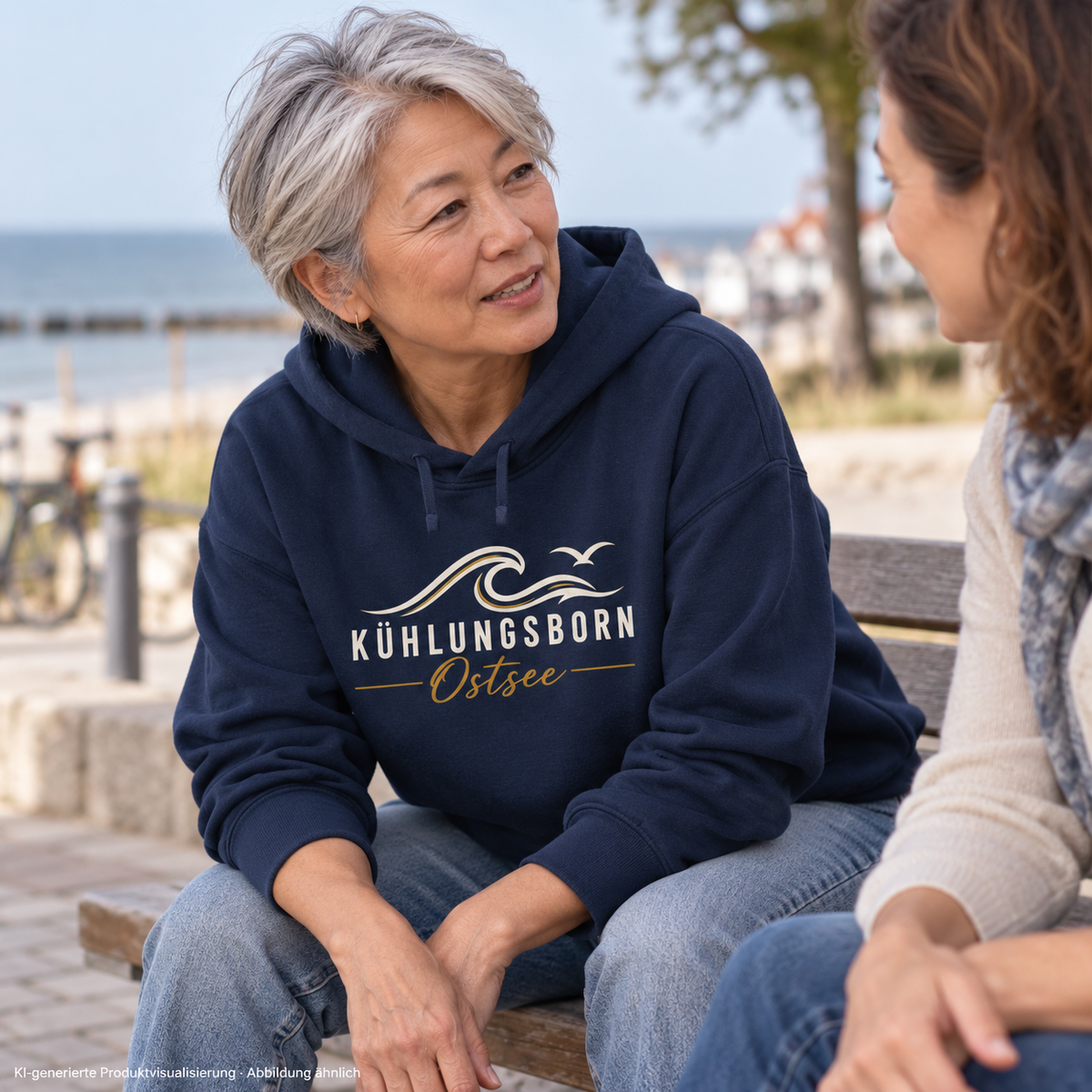 Kühlungsborn Baltic Waves – Damen Bio-Boxcut-Hoodie, Dark Edition, French Navy – beim Zuhören auf einer Bank an der Promenade, Frontdruck; KI-generierte Produktvisualisierung.