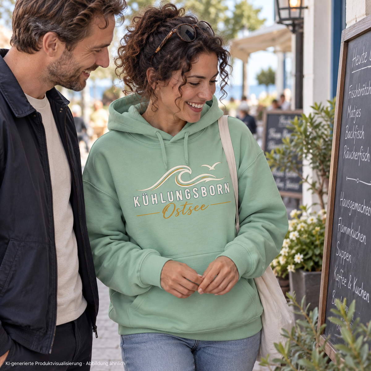 Kühlungsborn Baltic Waves – Bio-Oversize-Hoodie, Dark Edition, Misty Jade – beim gemeinsamen Blick auf eine Cafékarte, Frontdruck; KI-generierte Produktvisualisierung.