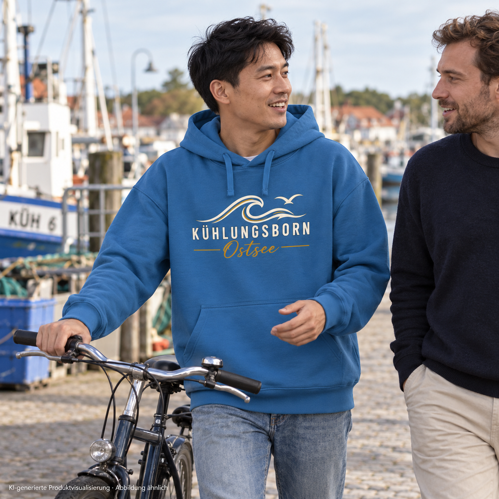 Kühlungsborn Baltic Waves – Bio-Oversize-Hoodie, Dark Edition, Mindful Blue – beim Spaziergang mit Fahrrad und Freund, Frontdruck; KI-generierte Produktvisualisierung.