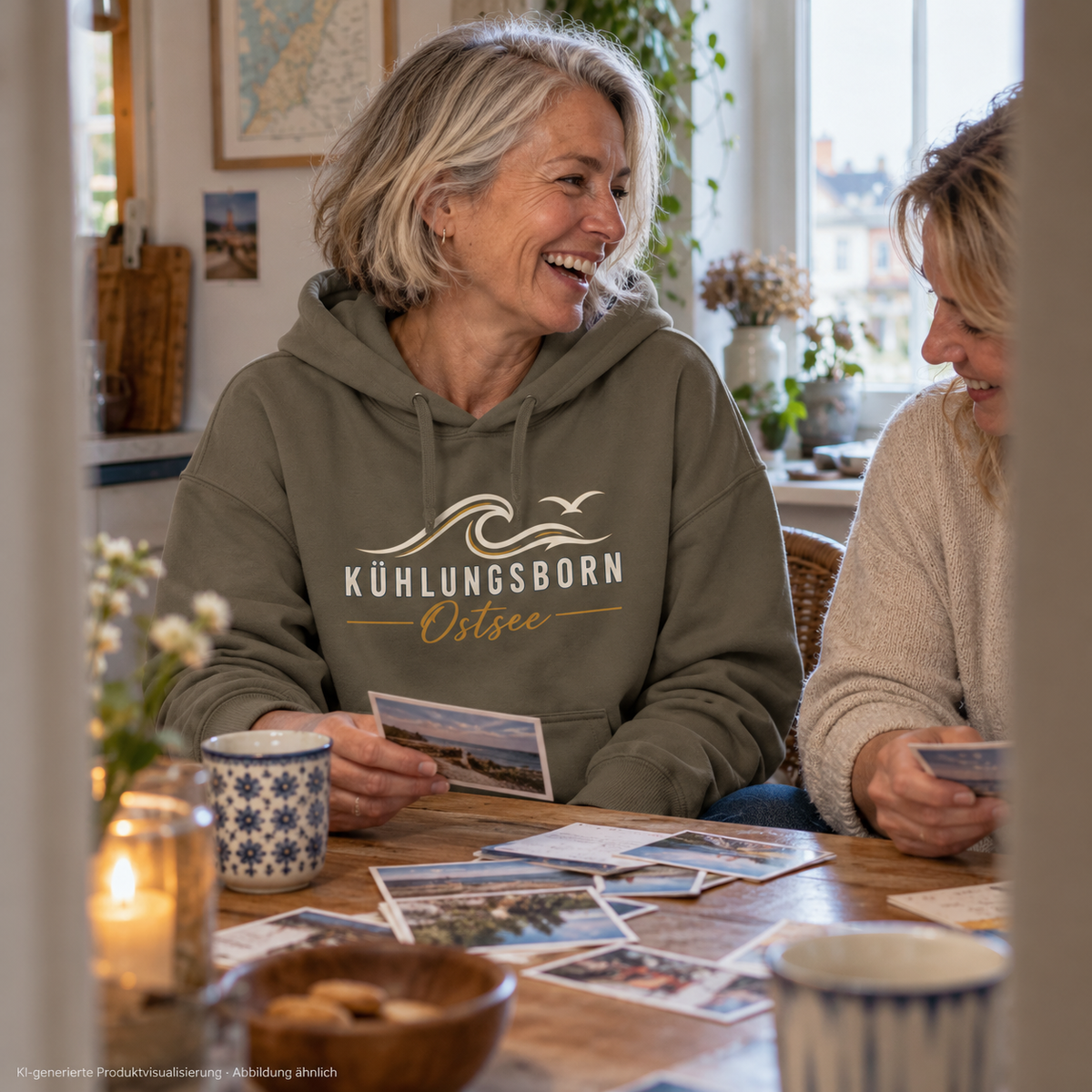 Kühlungsborn Baltic Waves – Bio-Oversize-Hoodie, Dark Edition, Khaki – beim Sortieren von Urlaubskarten, Frontdruck; KI-generierte Produktvisualisierung.