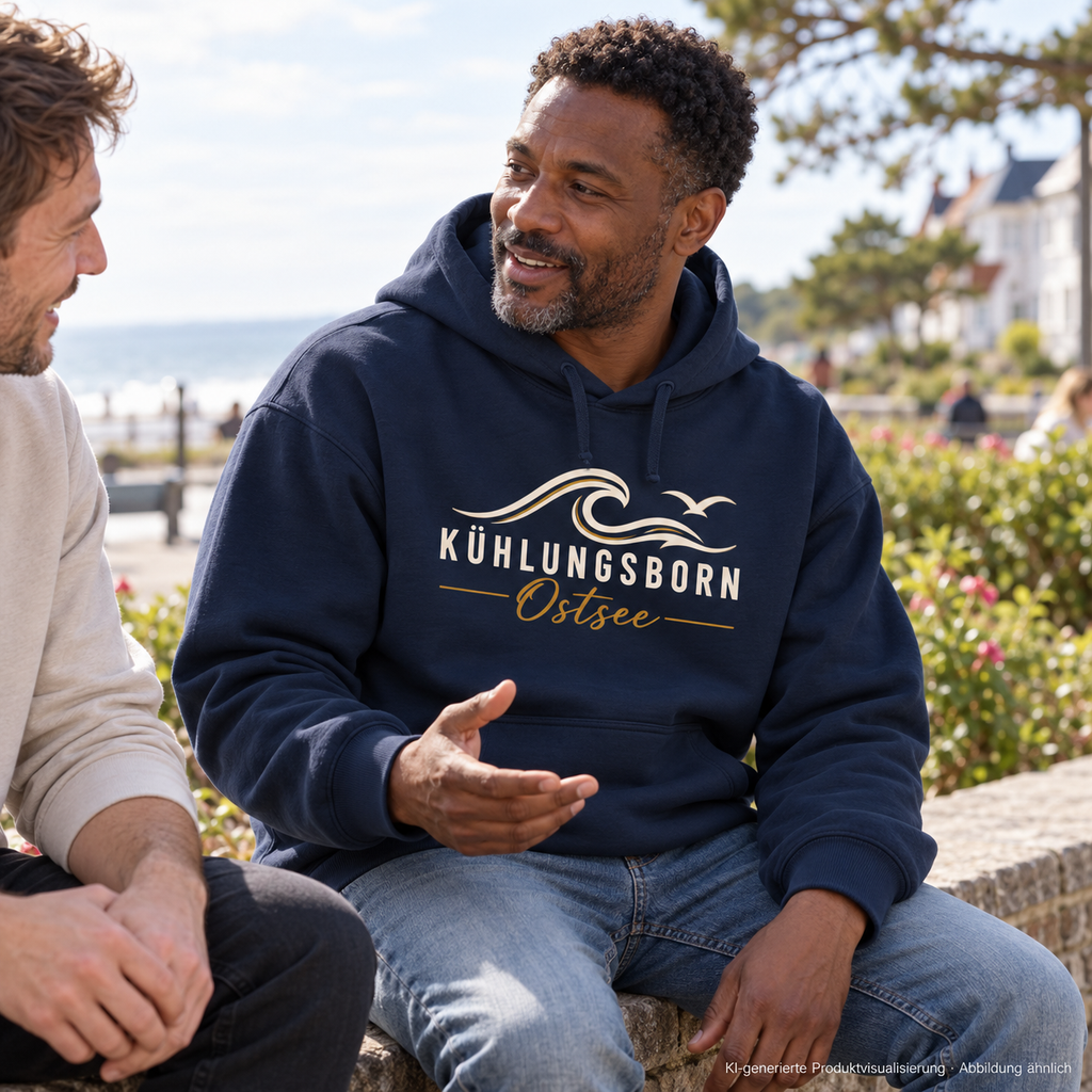 Kühlungsborn Baltic Waves – Bio-Oversize-Hoodie, Dark Edition, French Navy – bei einer Gesprächspause im Park, Frontdruck; KI-generierte Produktvisualisierung.
