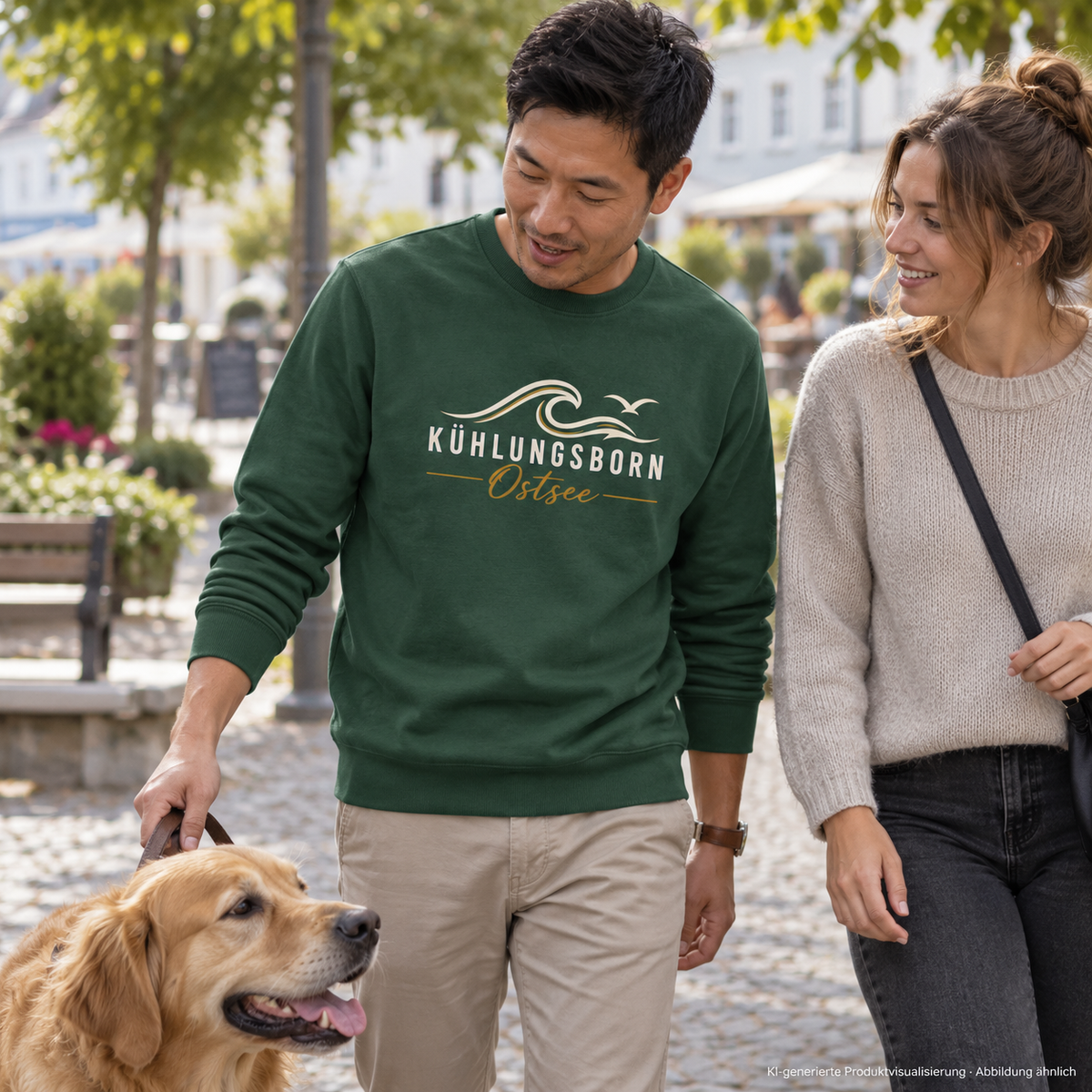 Kühlungsborn Baltic Waves – Bio-Unisex-Sweatshirt, Dark Edition, Bottle Green – beim gemeinsamen Hundespaziergang, Frontdruck; KI-generierte Produktvisualisierung.