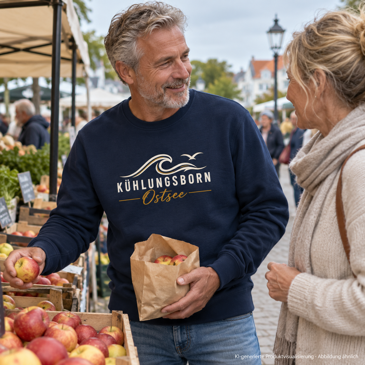 Kühlungsborn Baltic Waves – Bio-Unisex-Sweatshirt, Dark Edition, French Navy – beim Apfeleinkauf auf dem Markt, Frontdruck; KI-generierte Produktvisualisierung.