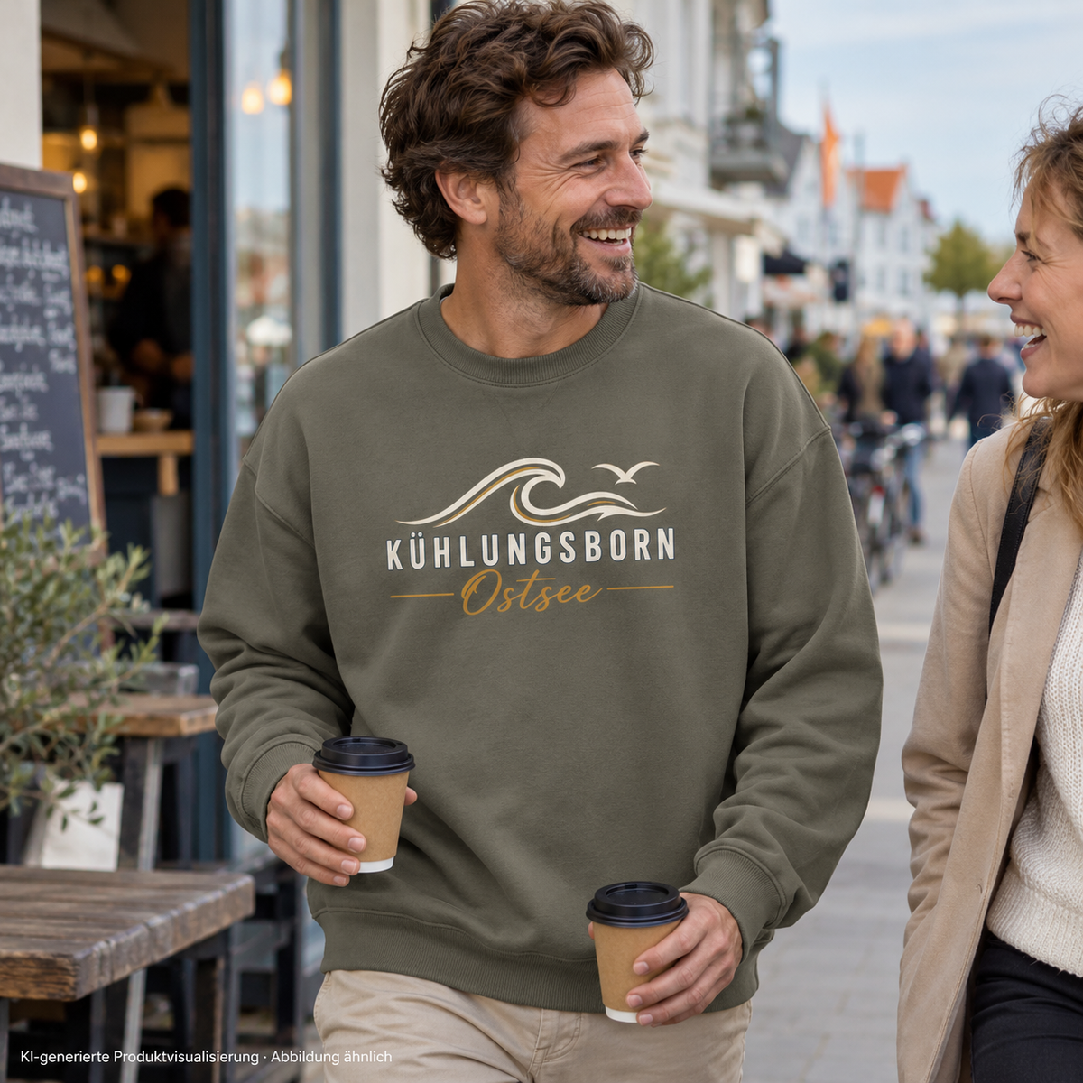 Kühlungsborn Baltic Waves – Bio-Oversize-Sweatshirt, Dark Edition, Khaki – beim Kaffeeholen mit einem Freund, Frontdruck; KI-generierte Produktvisualisierung.