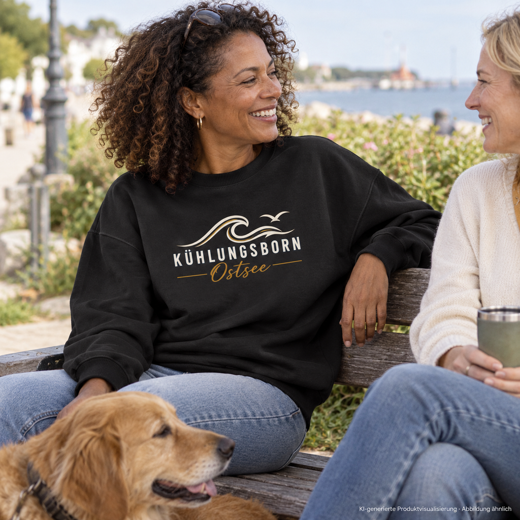 Kühlungsborn Baltic Waves – Bio-Oversize-Sweatshirt, Dark Edition, Black – beim Gespräch auf einer Parkbank, Frontdruck; KI-generierte Produktvisualisierung.
