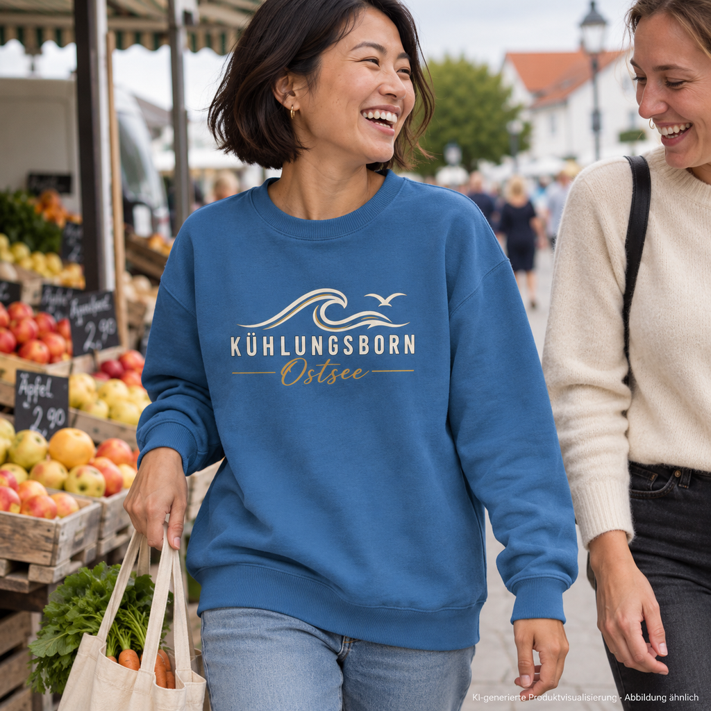 Kühlungsborn Baltic Waves – Bio-Oversize-Sweatshirt, Dark Edition, Mindful Blue – beim Stadtbummel an einem Obststand, Frontdruck; KI-generierte Produktvisualisierung.