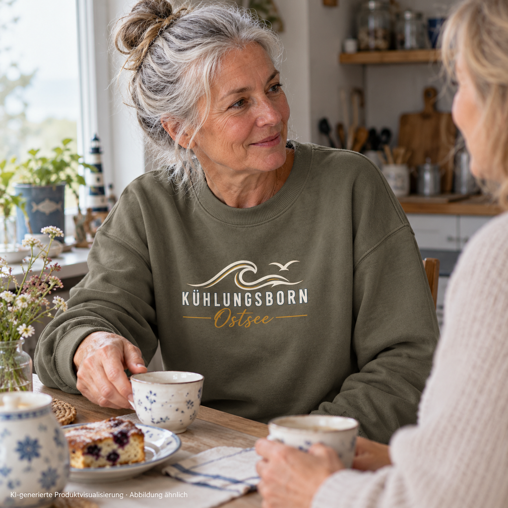 Kühlungsborn Baltic Waves – Bio-Oversize-Sweatshirt, Dark Edition, Khaki – beim Teetrinken mit einer Freundin, Frontdruck; KI-generierte Produktvisualisierung.