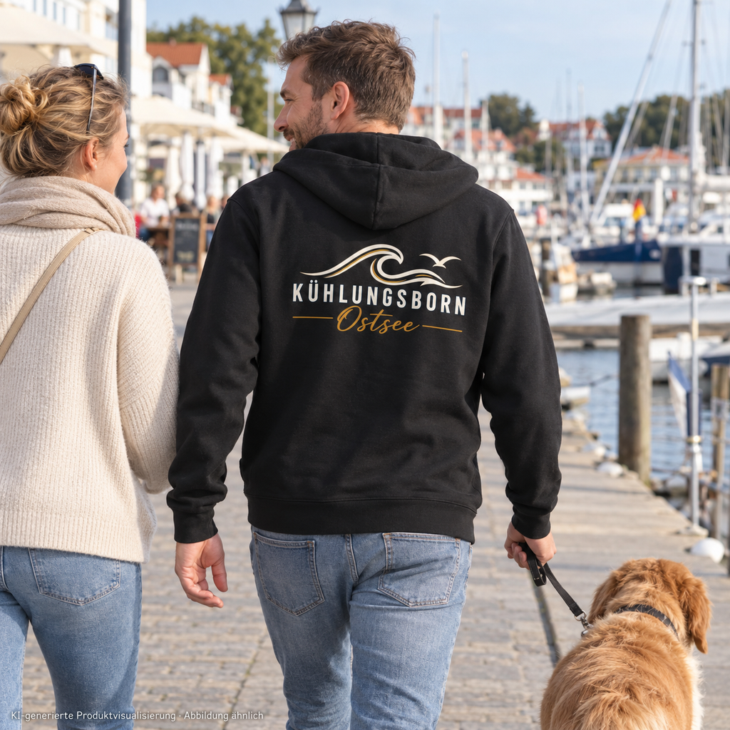 Kühlungsborn Baltic Waves – Bio-Zipper mit Rückendruck, Dark Edition, Black – beim Hafenspaziergang mit Partner und Hund, Rückendruck; KI-generierte Produktvisualisierung.