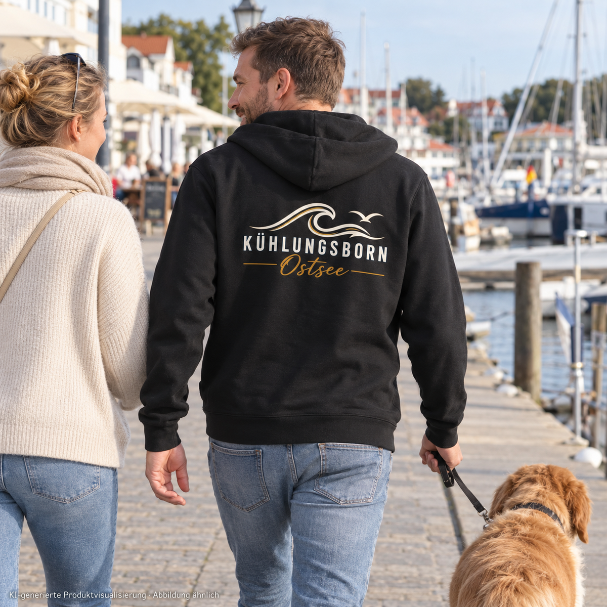 Kühlungsborn Baltic Waves – Bio-Zipper mit Rückendruck, Dark Edition, Black – beim Hafenspaziergang mit Partner und Hund, Rückendruck; KI-generierte Produktvisualisierung.