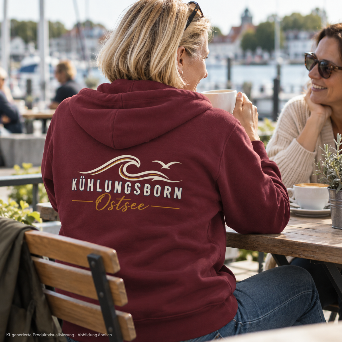 Kühlungsborn Baltic Waves – Bio-Zipper mit Rückendruck, Dark Edition, Burgundy – im Gespräch auf einer Caféterrasse, von hinten, Rückendruck; KI-generierte Produktvisualisierung.