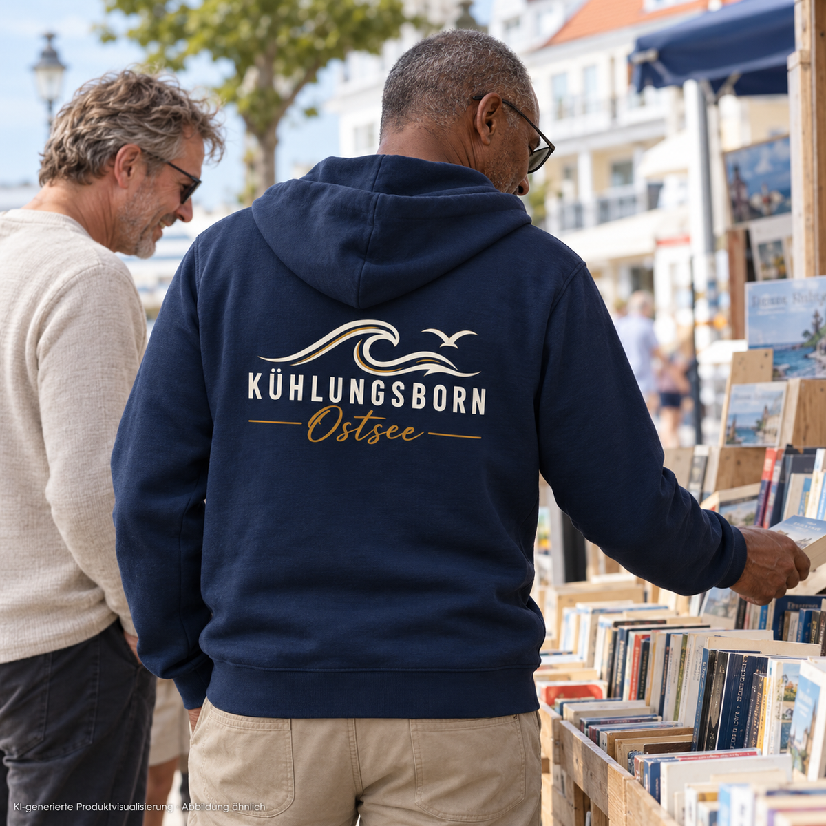 Kühlungsborn Baltic Waves – Bio-Zipper mit Rückendruck, Dark Edition, French Navy – beim Stöbern an einem Bücherstand, Rückenansicht, Rückendruck; KI-generierte Produktvisualisierung.
