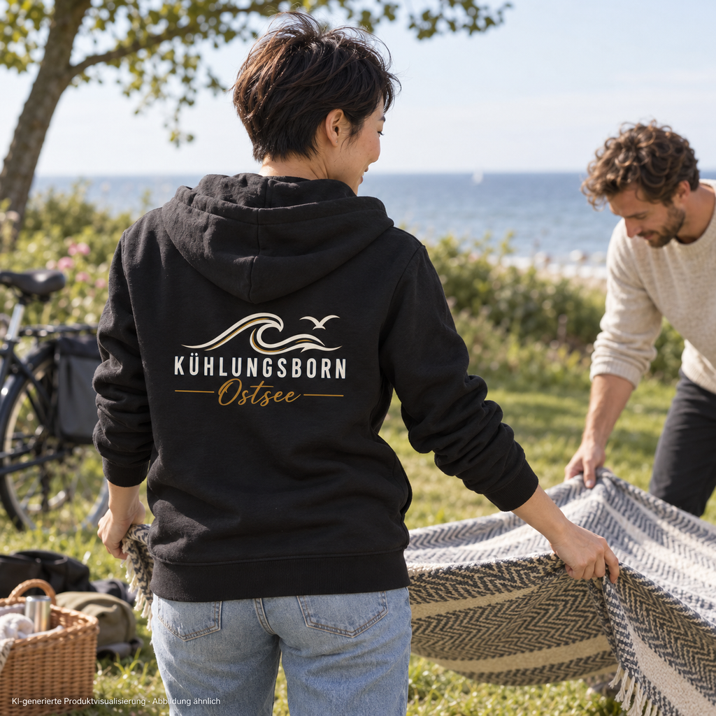 Kühlungsborn Baltic Waves – Bio-Zipper mit Rückendruck, Dark Edition, Black – beim Vorbereiten eines Picknicks mit Partner, Rückendruck; KI-generierte Produktvisualisierung.