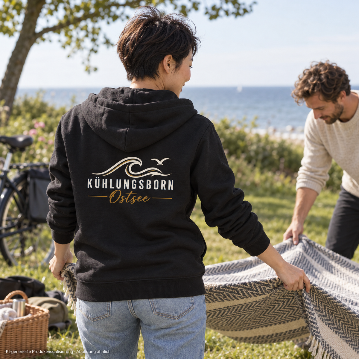 Kühlungsborn Baltic Waves – Bio-Zipper mit Rückendruck, Dark Edition, Black – beim Vorbereiten eines Picknicks mit Partner, Rückendruck; KI-generierte Produktvisualisierung.