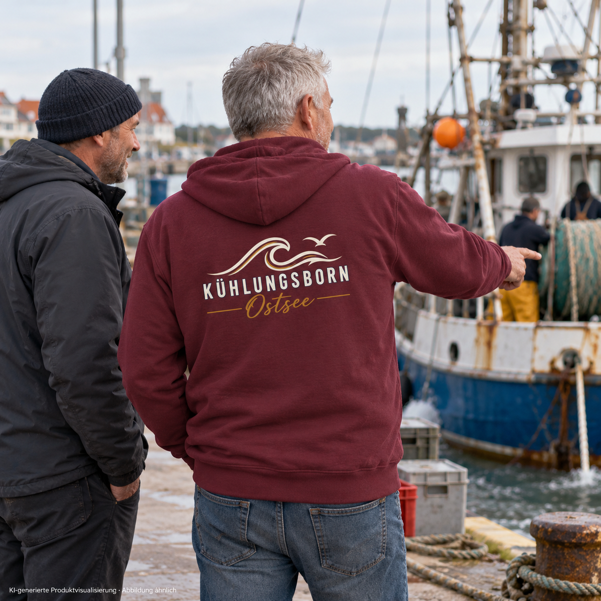 Kühlungsborn Baltic Waves – Bio-Zipper mit Rückendruck, Dark Edition, Burgundy – beim Beobachten eines Fischerboots mit einem Freund, Rückendruck; KI-generierte Produktvisualisierung.