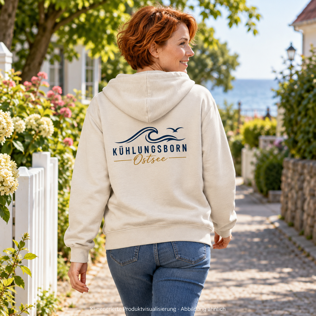 Kühlungsborn Baltic Waves Bio-Unisex-Zipper Light Edition in Natural Raw an einer begrünten Wohnstraße in rückwärtiger Dreiviertelansicht – KI-Produktvisualisierung