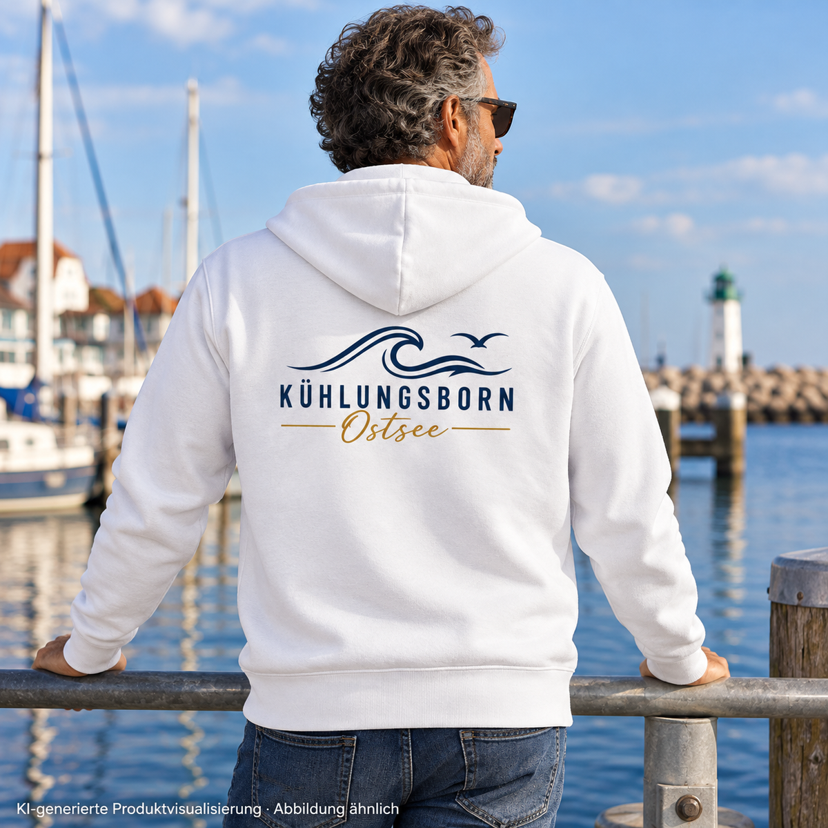 Kühlungsborn Baltic Waves Bio-Unisex-Zipper Light Edition in White am Hafengeländer von hinten – KI-Produktvisualisierung