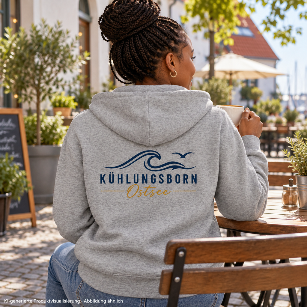 Kühlungsborn Baltic Waves Bio-Unisex-Zipper Light Edition in Heather Grey im Café-Innenhof von hinten – KI-Produktvisualisierung