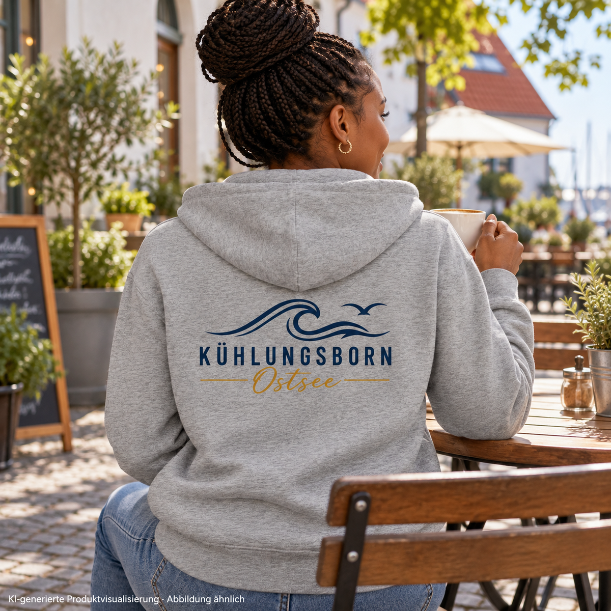 Kühlungsborn Baltic Waves Bio-Unisex-Zipper Light Edition in Heather Grey im Café-Innenhof von hinten – KI-Produktvisualisierung
