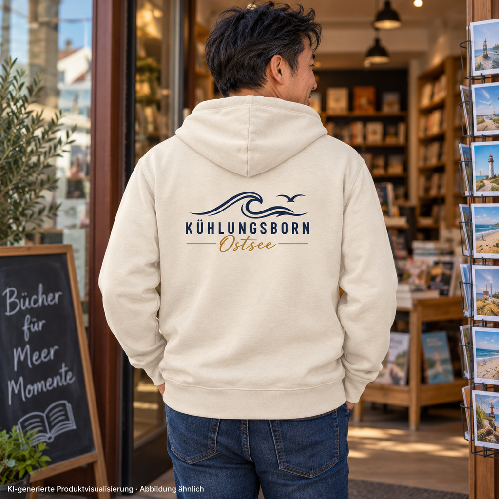 Kühlungsborn Baltic Waves Bio-Unisex-Zipper Light Edition in Natural Raw vor einer Buchhandlung von hinten – KI-Produktvisualisierung