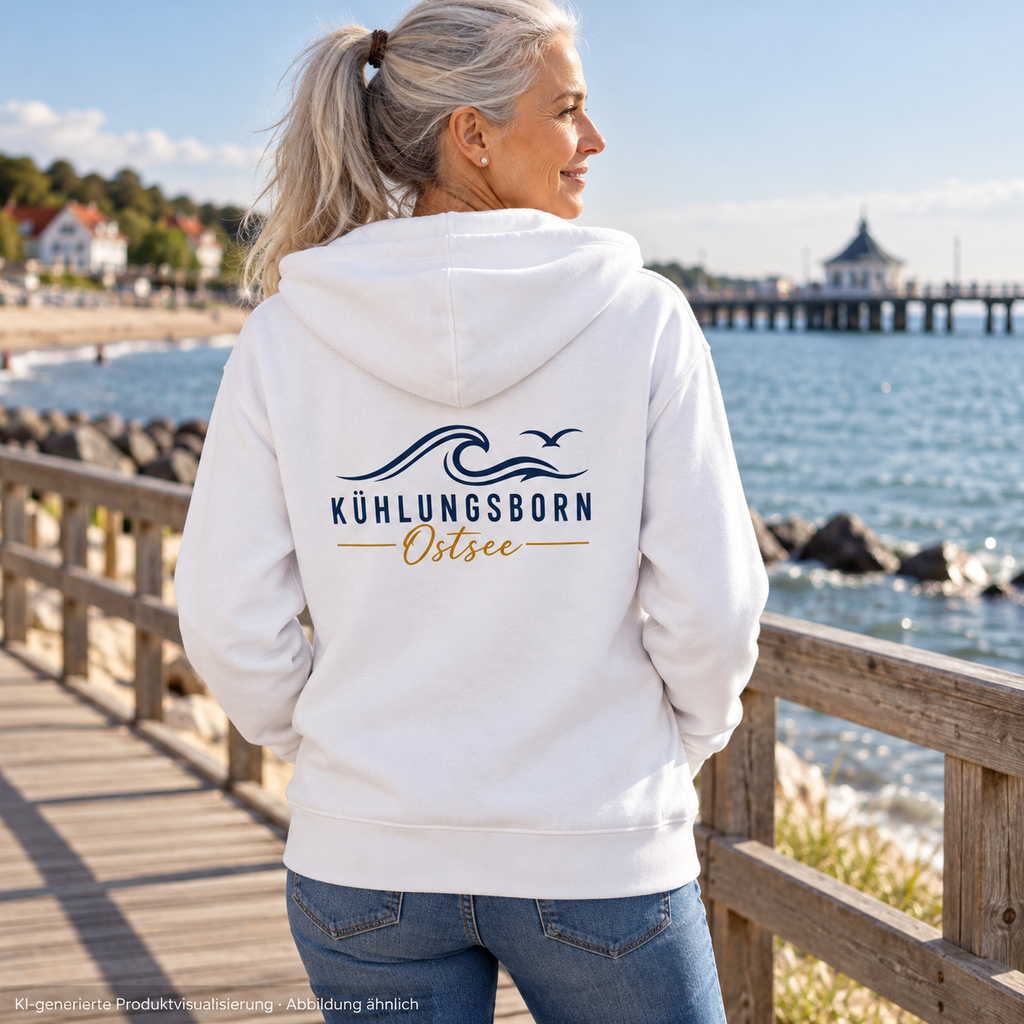 Kühlungsborn Baltic Waves Bio-Unisex-Zipper Light Edition in White auf einem Holzsteg in rückwärtiger Dreiviertelansicht – KI-Produktvisualisierung