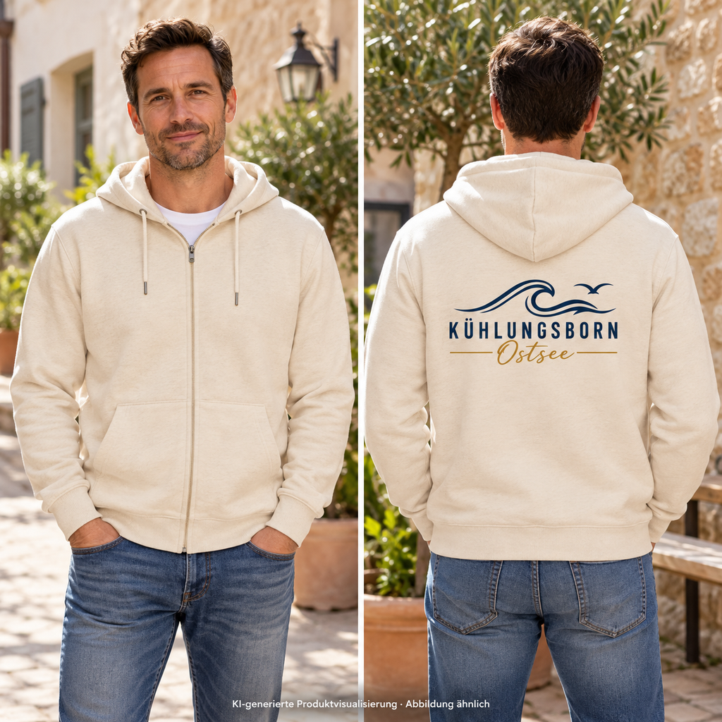 Kühlungsborn Baltic Waves Bio-Unisex-Zipper Light Edition in Natural Raw als Front-/Back-Splitansicht mit unbedruckter Vorderseite und bedrucktem Rücken – KI-Produktvisualisierung